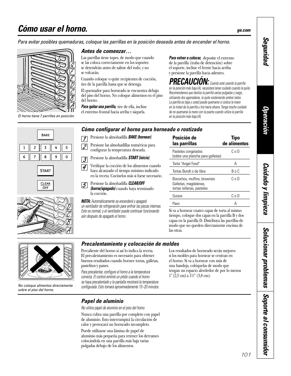 Horneado o rostizado, Precaución, Cómo usar el horno | GE P2S975 User Manual | Page 101 / 136