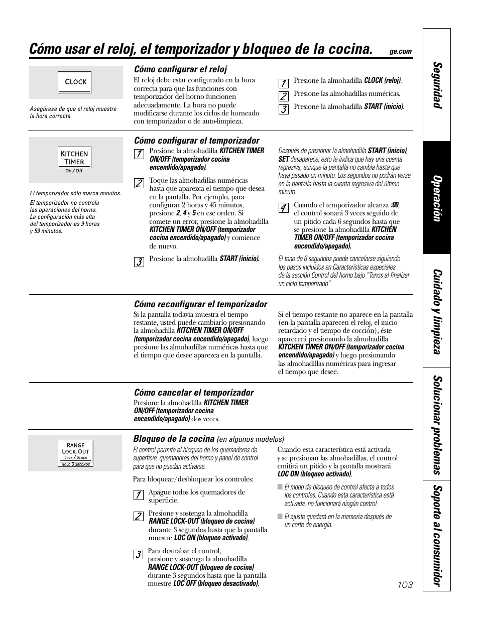 Bloqueo de cocina, Reloj y temporizador | GE P2S975 User Manual | Page 103 / 136