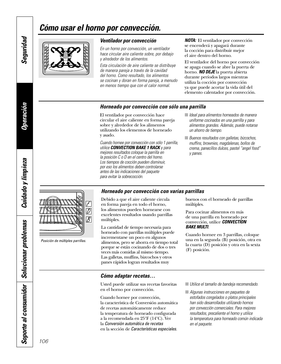 Convección, Convección –110, Cómo usar el horno por convección | GE P2S975 User Manual | Page 106 / 136