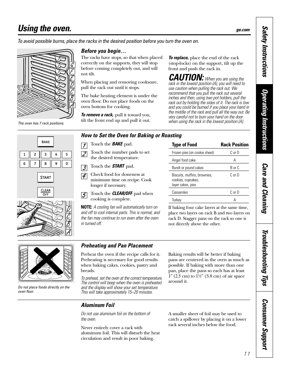 Baking or roasting, Caution, Using the oven | GE P2S975 User Manual | Page 11 / 136