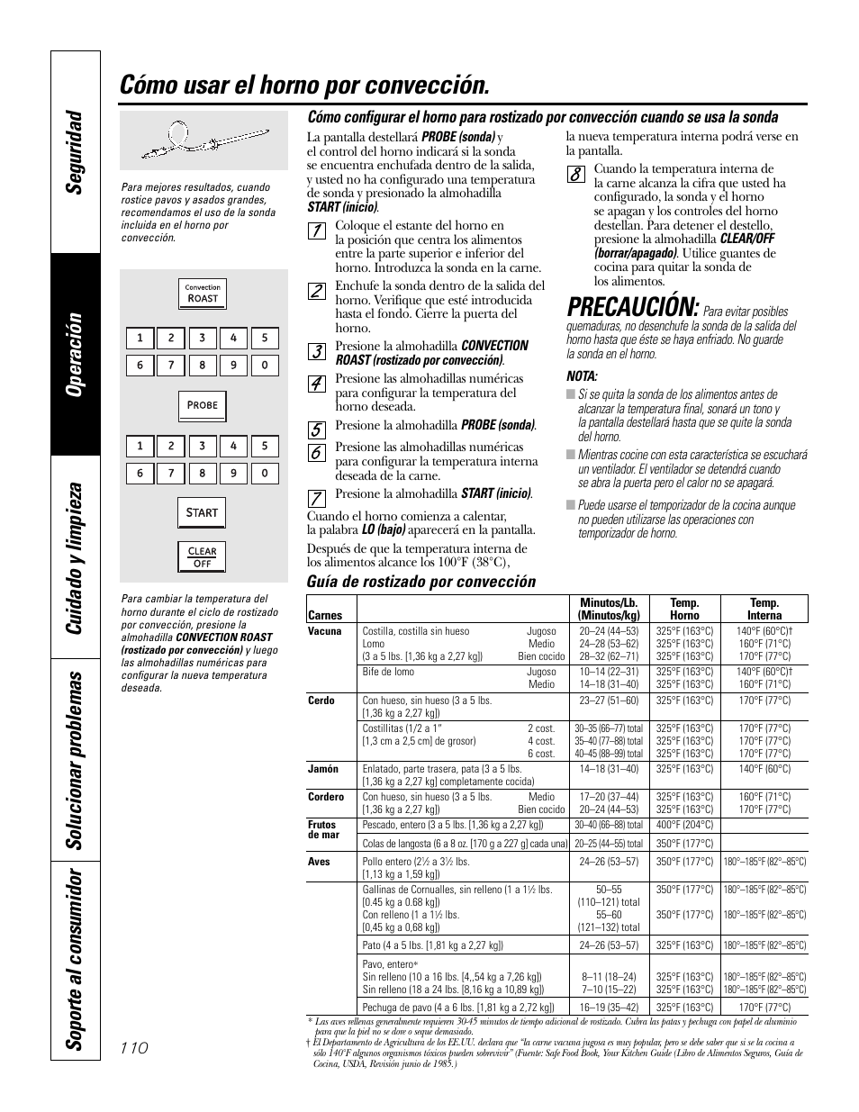 Cómo usar el horno por convección, Precaución, Guía de rostizado por convección | GE P2S975 User Manual | Page 110 / 136