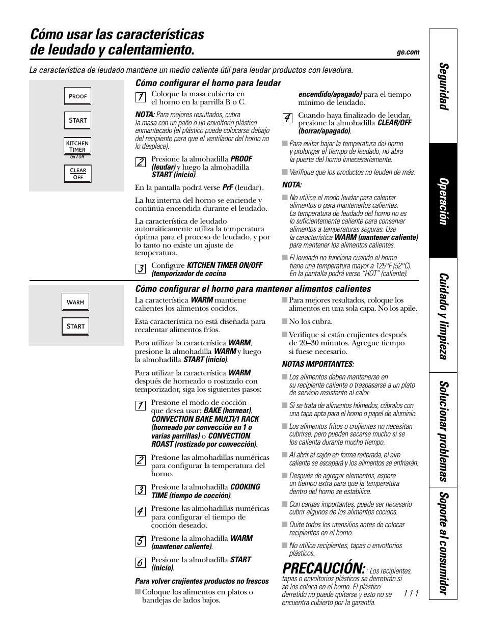 Calentamiento, Leudar, Precaución | GE P2S975 User Manual | Page 111 / 136