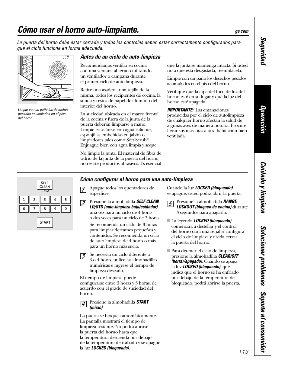 Auto-limpieza, Auto-limpieza –114, Cómo usar el horno auto-limpiante | GE P2S975 User Manual | Page 113 / 136