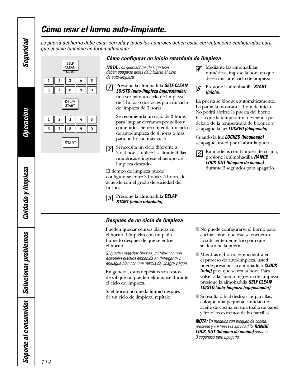 Cómo usar el horno auto-limpiante | GE P2S975 User Manual | Page 114 / 136