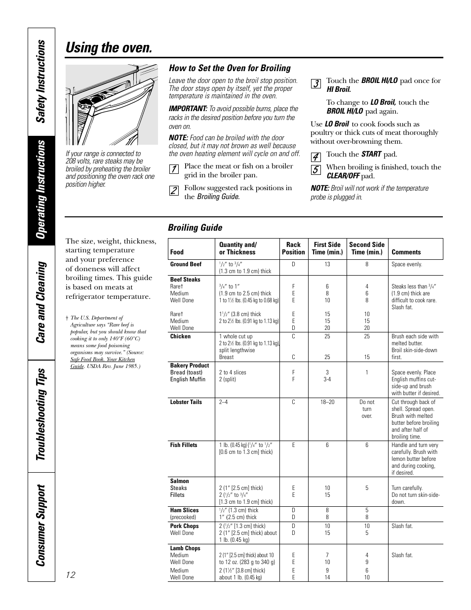 Broiling, broiling guide, Using the oven, How to set the oven for broiling | Broiling guide | GE P2S975 User Manual | Page 12 / 136