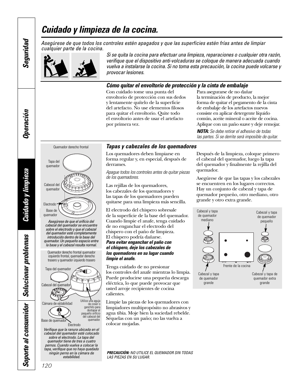 Cinta de embalaje, Tapas y cabezales de los quemadores, Cuidado y limpieza de la cocina | GE P2S975 User Manual | Page 120 / 136