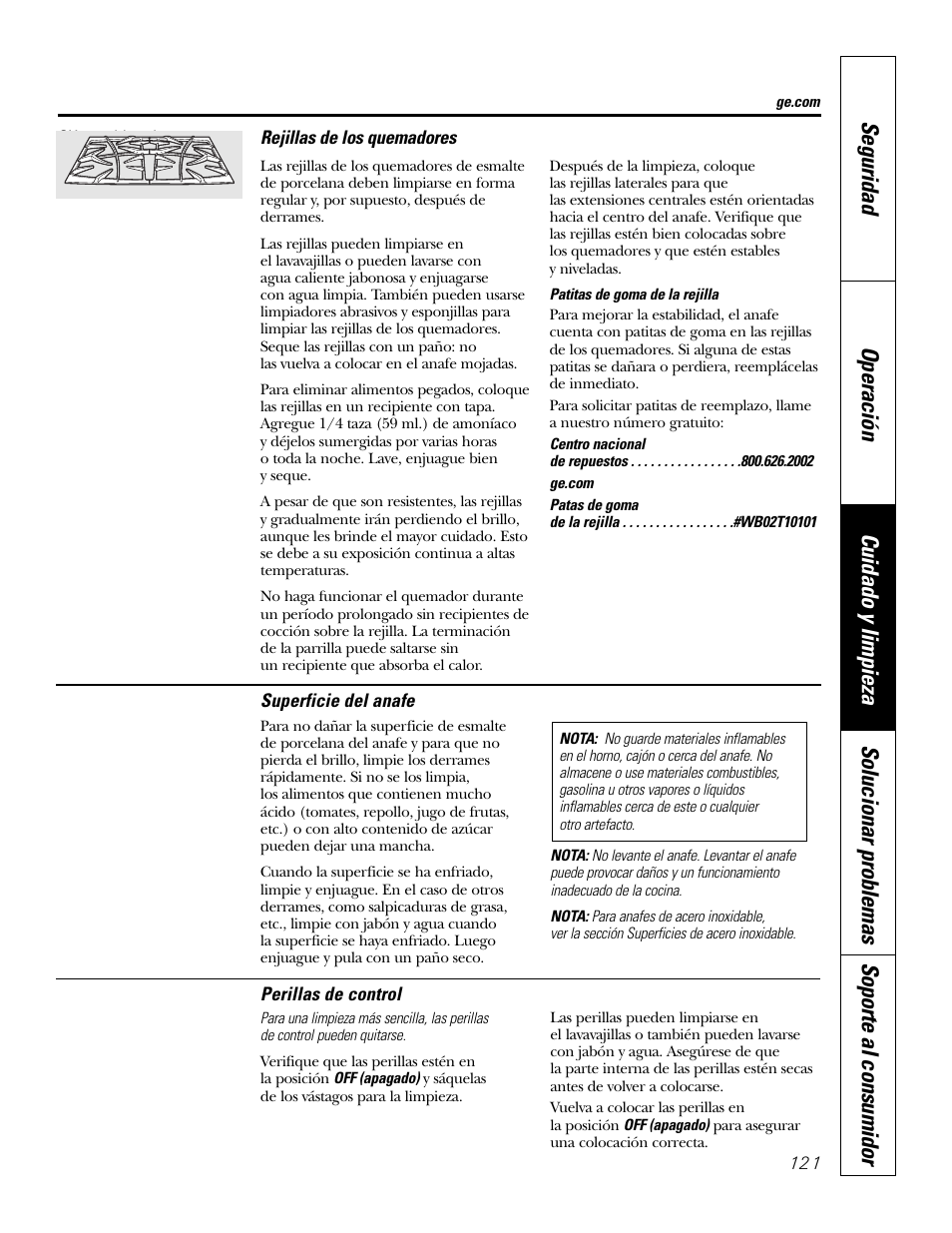 Perillas, Rejillas de los quemadores, Superficie del anafe | GE P2S975 User Manual | Page 121 / 136