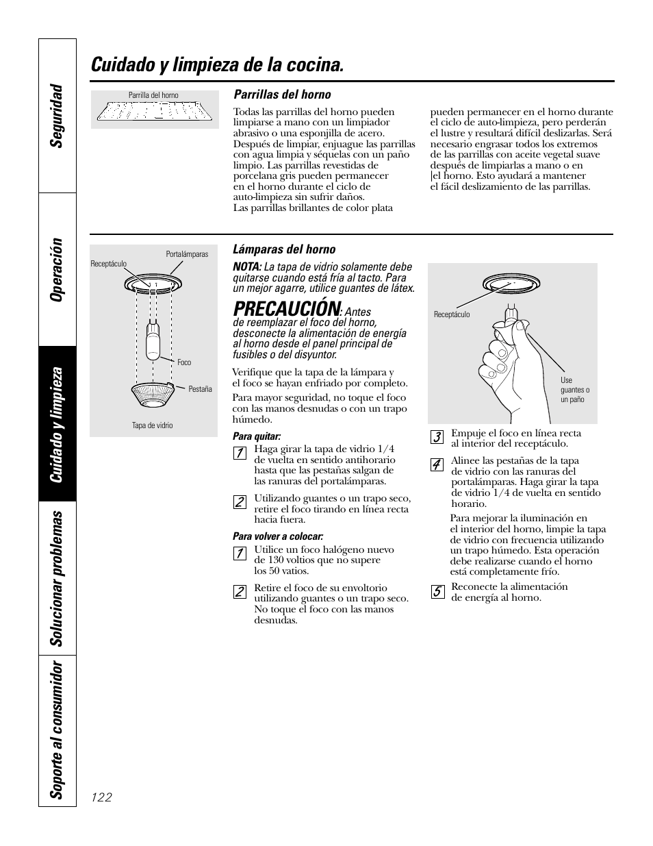 Focos de luz, Parrillas, Cuidado y limpieza de la cocina | Precaución | GE P2S975 User Manual | Page 122 / 136