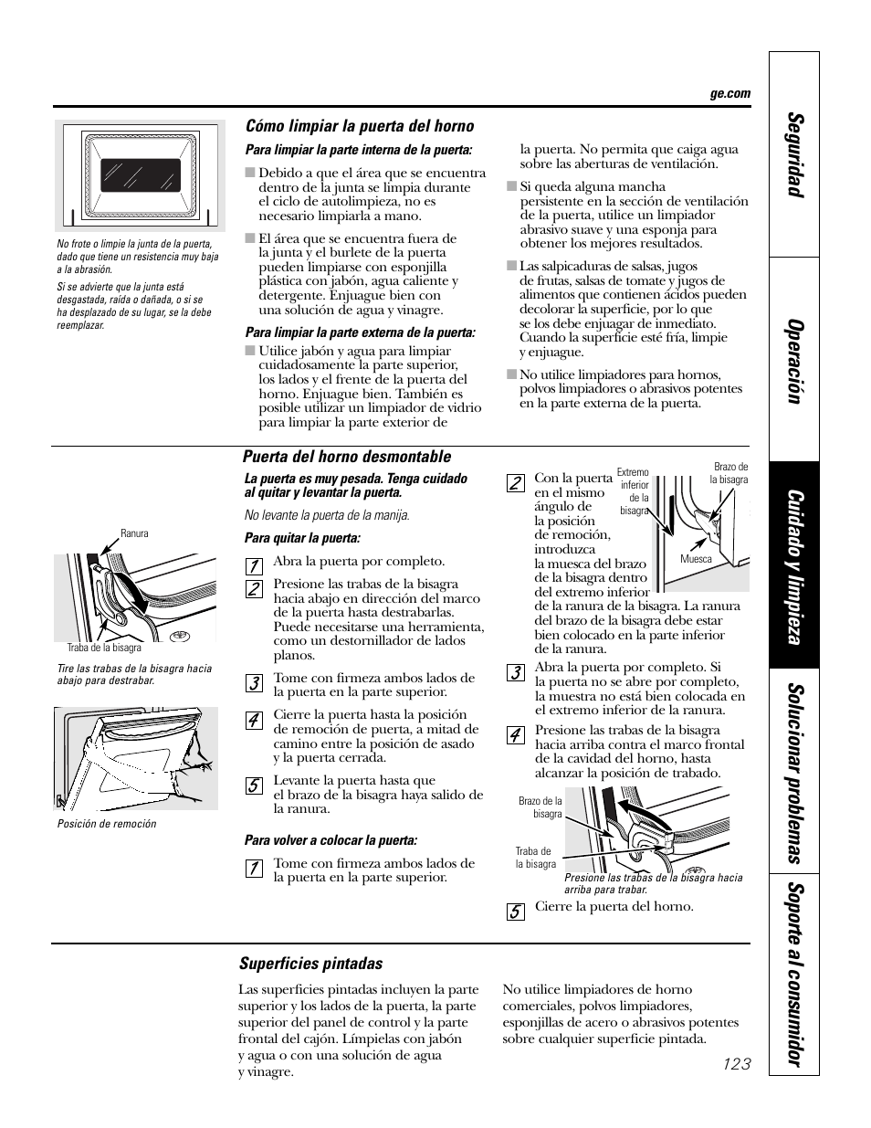 Puerta, Puerta del horno desmontable, Superficies pintadas | Puerta puerta del horno desmontable . 123 | GE P2S975 User Manual | Page 123 / 136