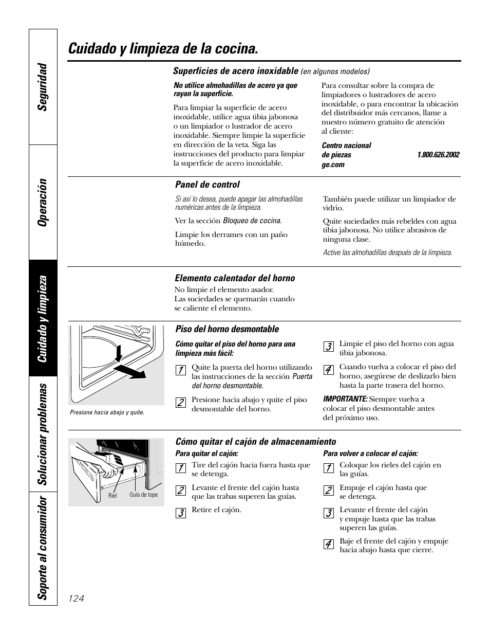 Cajón de almacenamiento, Elementos calentadores, Panel de control | Piso del horno, Superficies de acero inoxidable, Superficies de acero inoxidable 124, Cuidado y limpieza de la cocina | GE P2S975 User Manual | Page 124 / 136