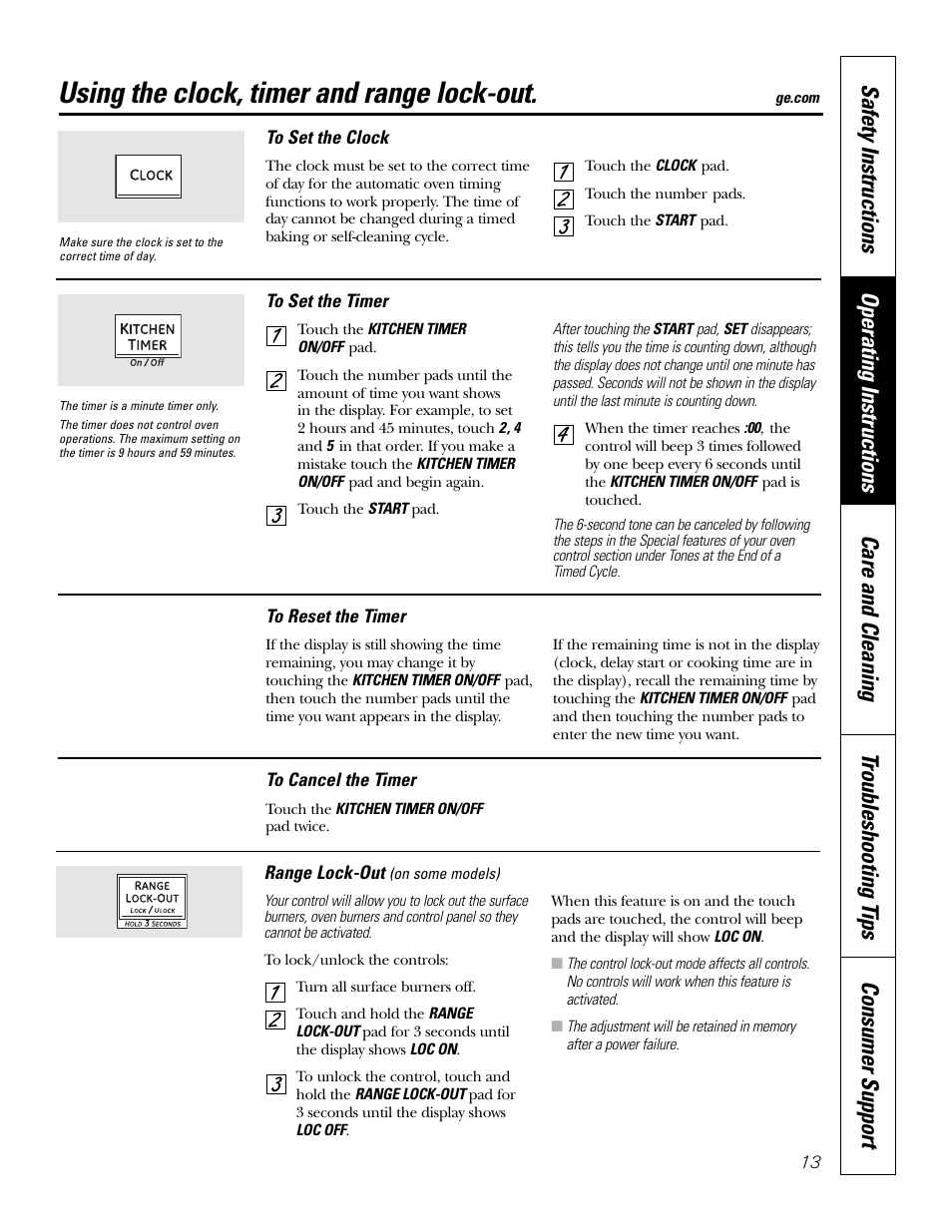 Clock and timer, Range lock-out, Using the clock, timer and range lock-out | GE P2S975 User Manual | Page 13 / 136