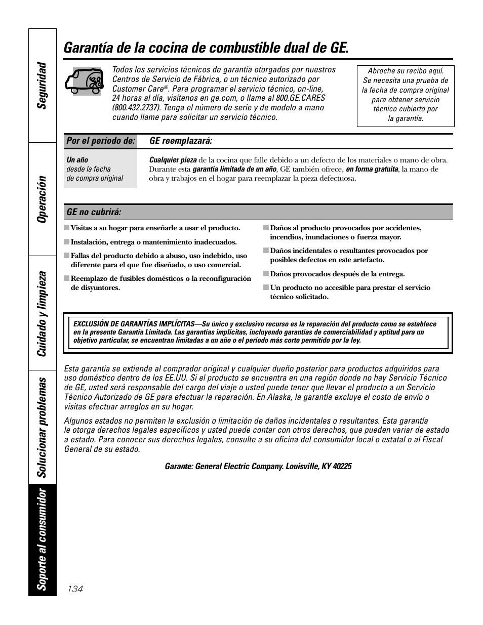 Garantía, Garantie, Garantía de la cocina de combustible dual de ge | GE P2S975 User Manual | Page 134 / 136