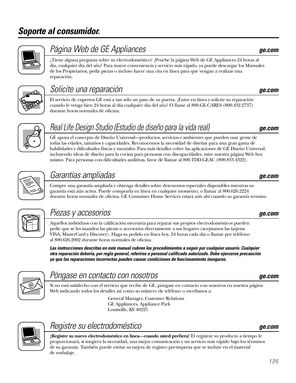 Soporte al consumidor, Soporte al consumidor. página web de ge appliances, Solicite una reparación | Garantías ampliadas, Piezas y accesorios, Póngase en contacto con nosotros, Registre su electrodoméstico | GE P2S975 User Manual | Page 135 / 136