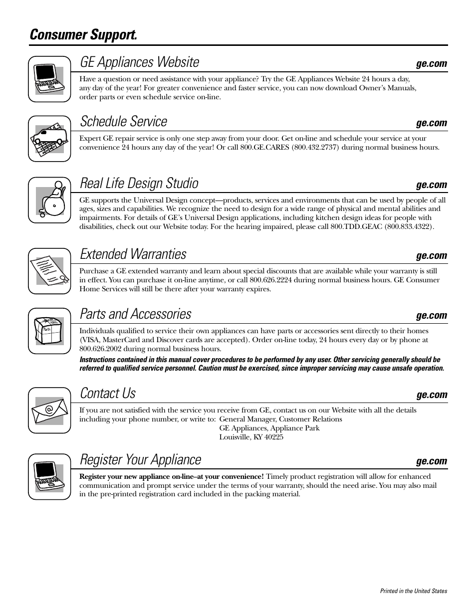 Consumer support, Consumer support . . . . . back cover, Consumer support. ge appliances website | Schedule service, Real life design studio, Extended warranties, Parts and accessories, Contact us, Register your appliance | GE P2S975 User Manual | Page 136 / 136