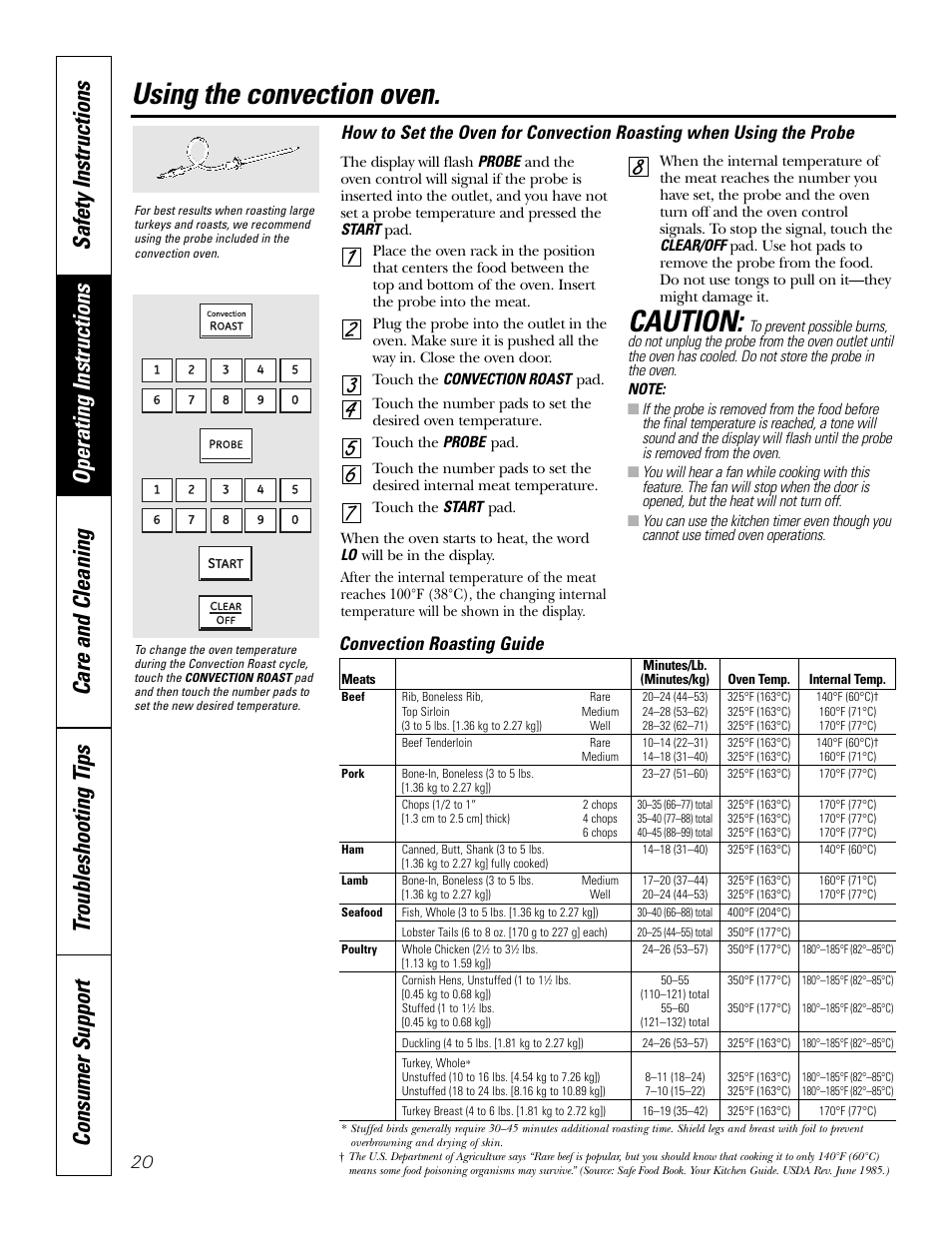 Using the convection oven, Caution, Convection roasting guide | GE P2S975 User Manual | Page 20 / 136