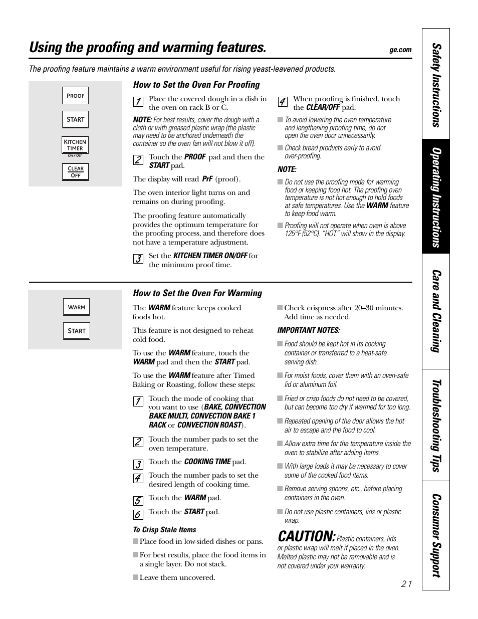 Proofing, Warming, Using the proofing and warming features | Caution | GE P2S975 User Manual | Page 21 / 136