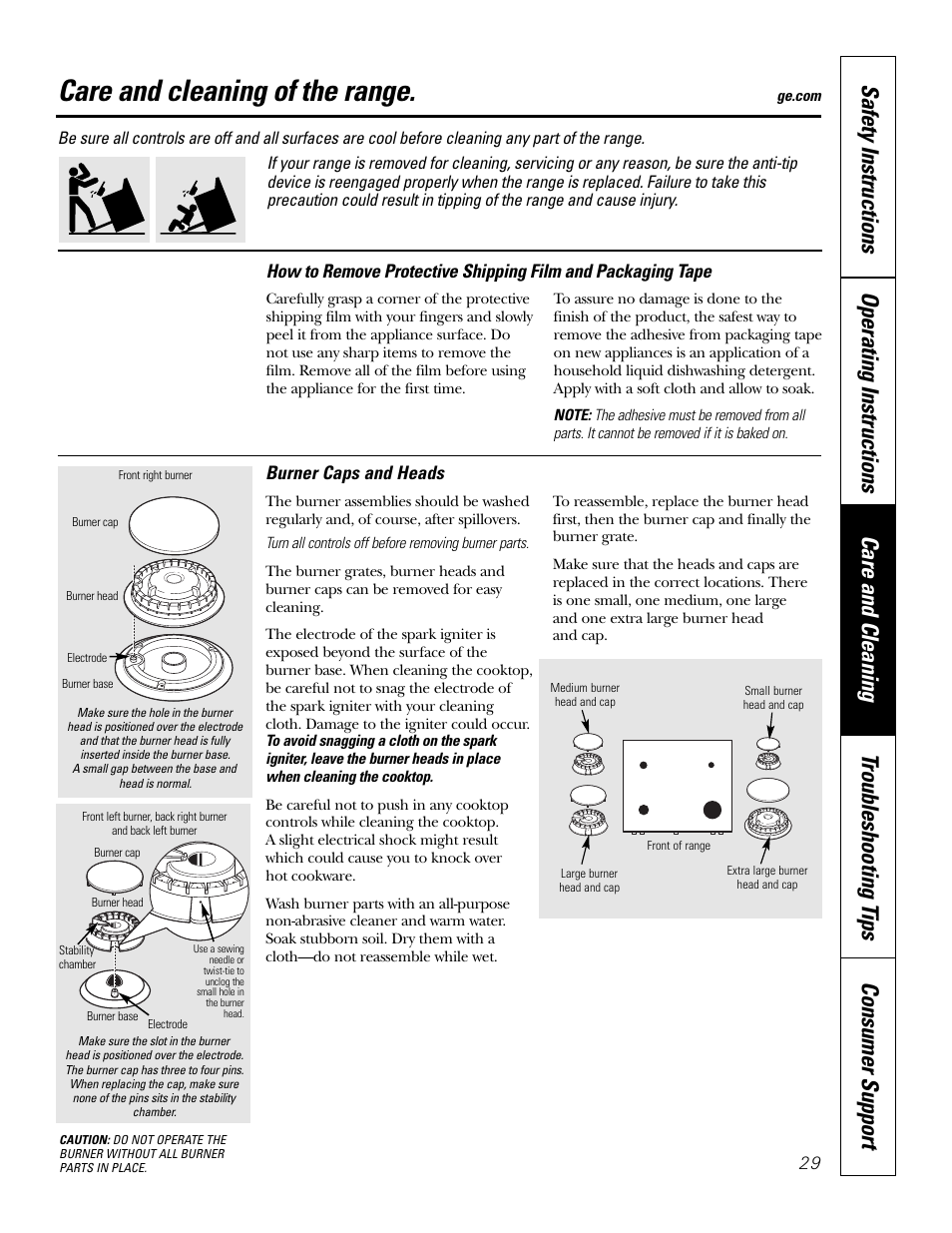 Burner caps and heads, Packaging tape, Care and cleaning of the range | GE P2S975 User Manual | Page 29 / 136