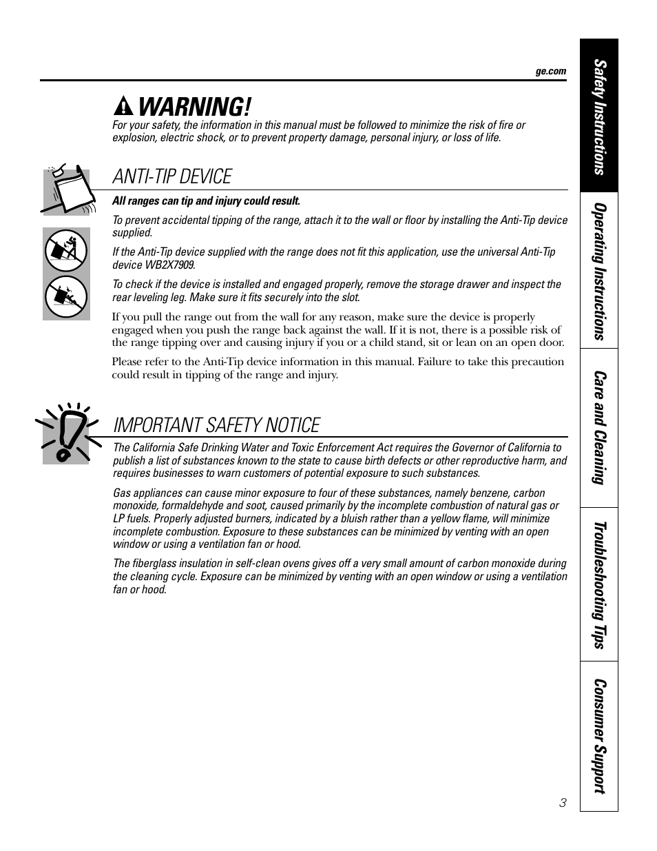 Warning, Important safety notice, Anti-tip device | GE P2S975 User Manual | Page 3 / 136