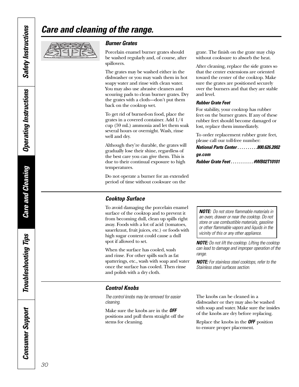 Burner grates, Cooktop surface, Knobs | Care and cleaning of the range | GE P2S975 User Manual | Page 30 / 136