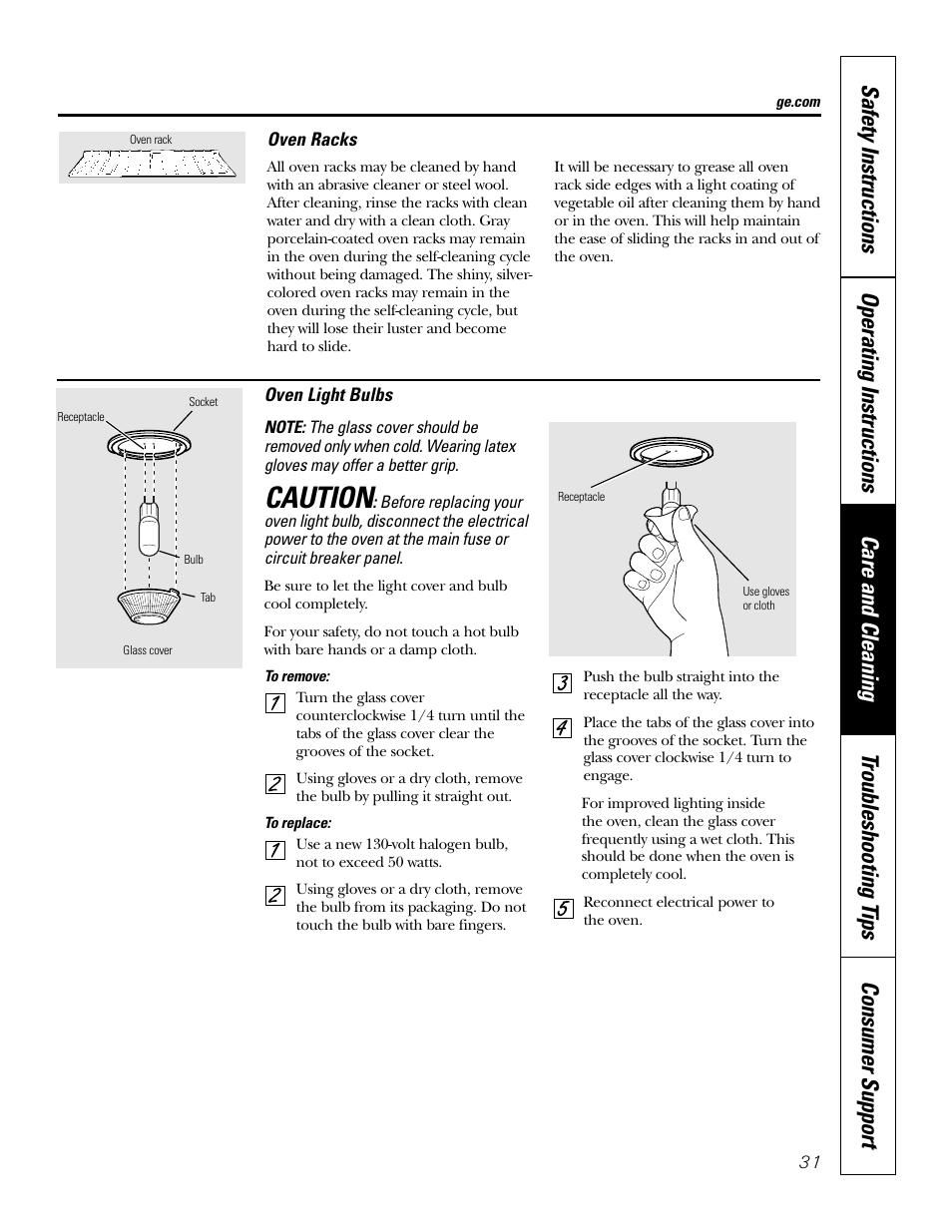 Light bulbs, Racks, Caution | GE P2S975 User Manual | Page 31 / 136