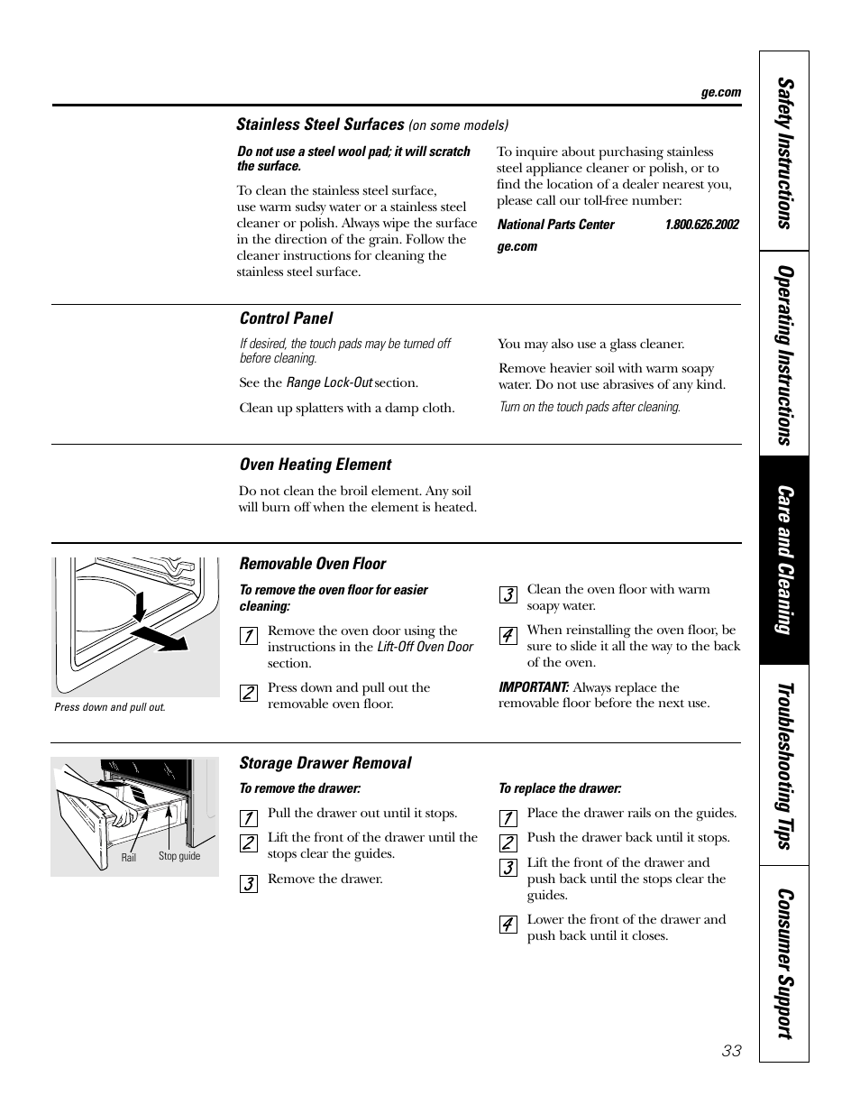 Control panel, Heating elements, Oven floor | Stainless steel surfaces, Storage drawer, Stainless steel surfaces storage drawer | GE P2S975 User Manual | Page 33 / 136