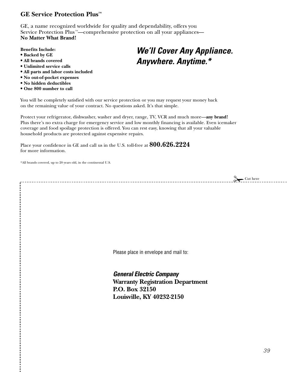 Product registration (u.s.a.), Product registration (u.s.a.) , 40, We’ll cover any appliance. anywhere. anytime | General electric company | GE P2S975 User Manual | Page 39 / 136