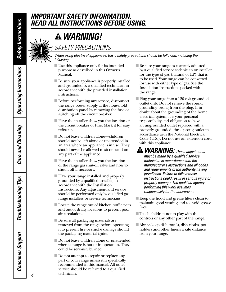 Warning, Safety precautions | GE P2S975 User Manual | Page 4 / 136