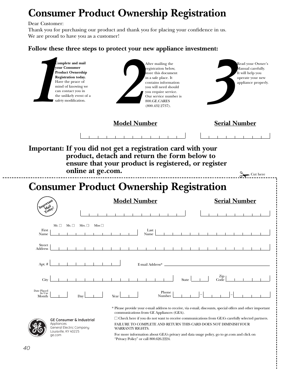 Consumer product ownership registration, Model number serial number | GE P2S975 User Manual | Page 40 / 136