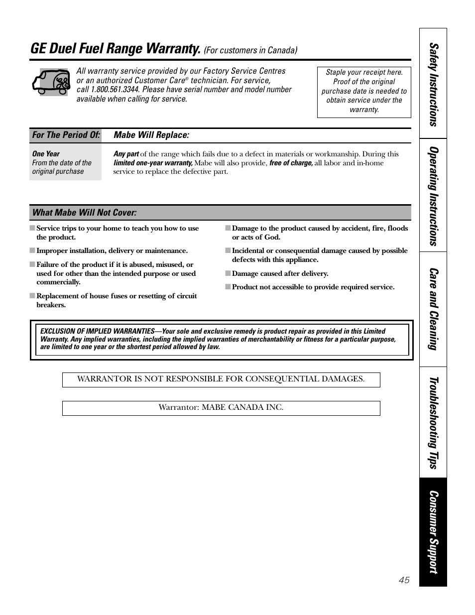 Warranty for customers in canada, Ge duel fuel range warranty | GE P2S975 User Manual | Page 45 / 136