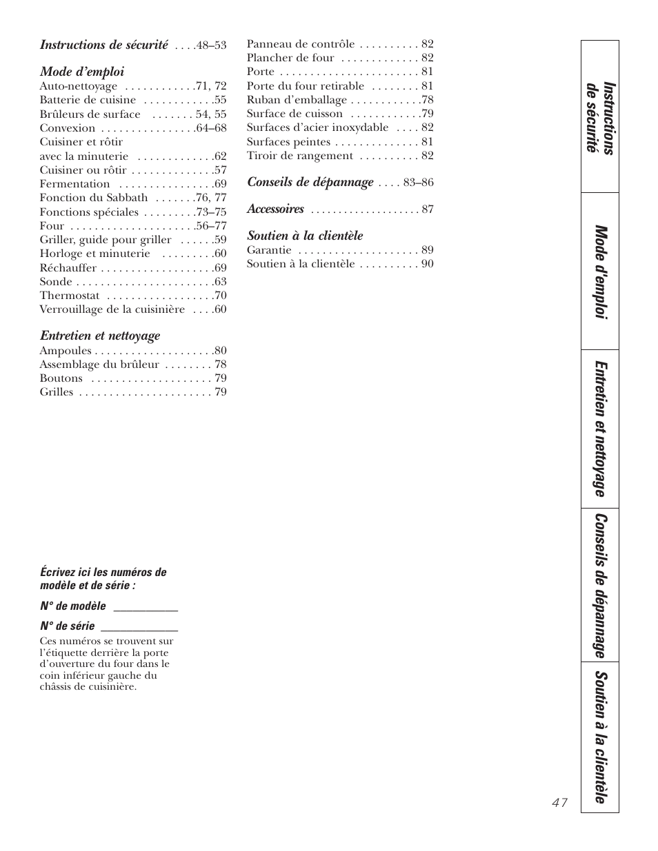 Français, Mode d’emploi, Entretien et nettoyage | Soutien à la clientèle | GE P2S975 User Manual | Page 47 / 136