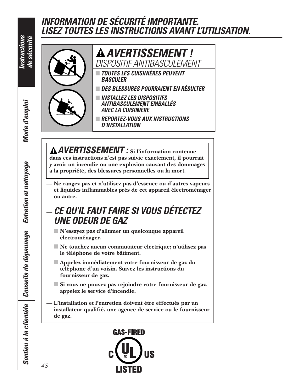 Instructions de sécurité, Avertissement, Dispositif antibasculement | GE P2S975 User Manual | Page 48 / 136