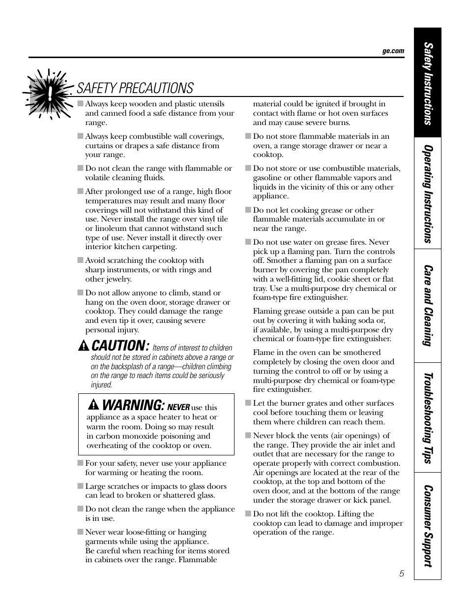 Caution, Safety precautions warning | GE P2S975 User Manual | Page 5 / 136