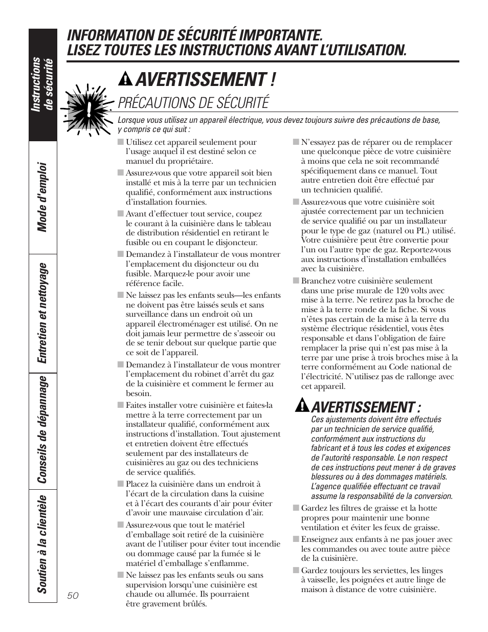 Avertissement, Précautions de sécurité | GE P2S975 User Manual | Page 50 / 136