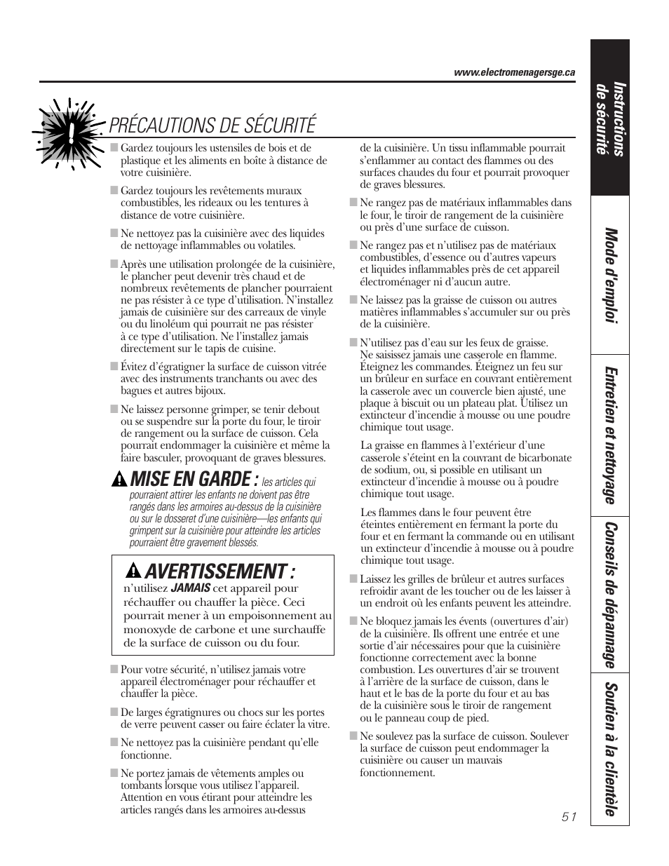 Mise en garde, Précautions de sécurité avertissement | GE P2S975 User Manual | Page 51 / 136