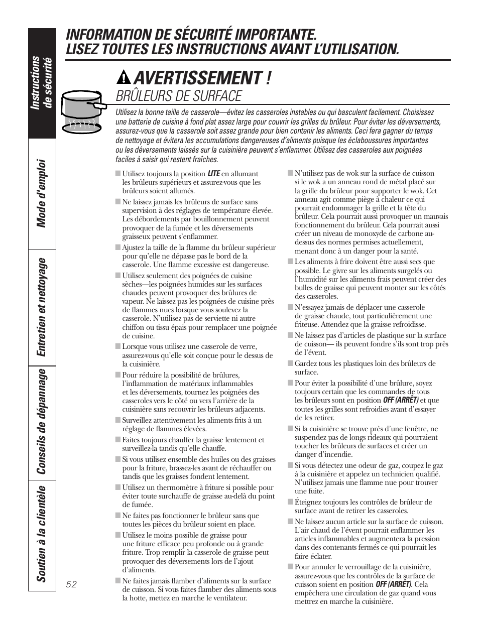 Avertissement | GE P2S975 User Manual | Page 52 / 136