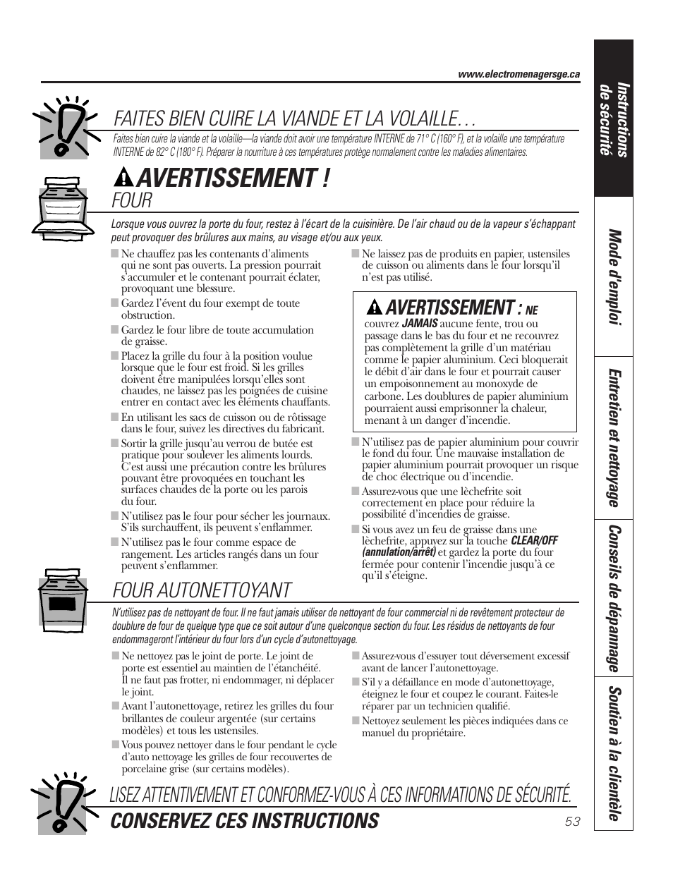 Avertissement, Conservez ces instructions, Four | Four autonettoyant | GE P2S975 User Manual | Page 53 / 136