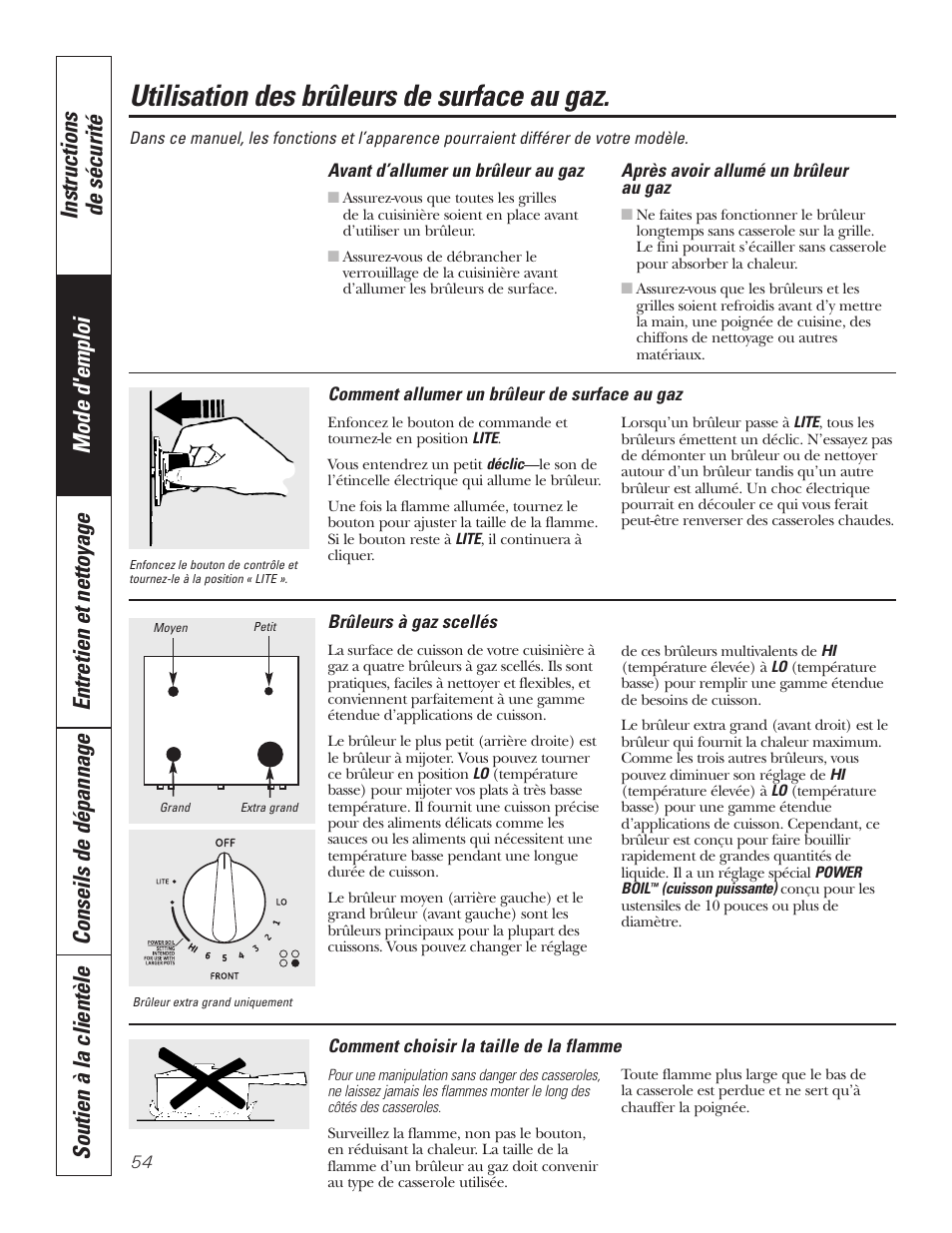 Brûleurs de surface, Brûleurs de surface , 55, Utilisation des brûleurs de surface au gaz | GE P2S975 User Manual | Page 54 / 136