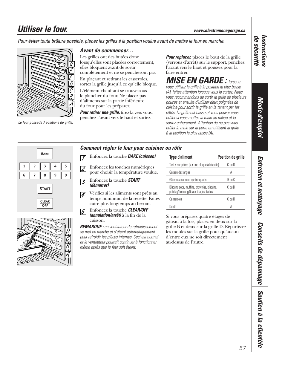 Cuisiner ou rôtir, Utiliser le four, Mise en garde | GE P2S975 User Manual | Page 57 / 136