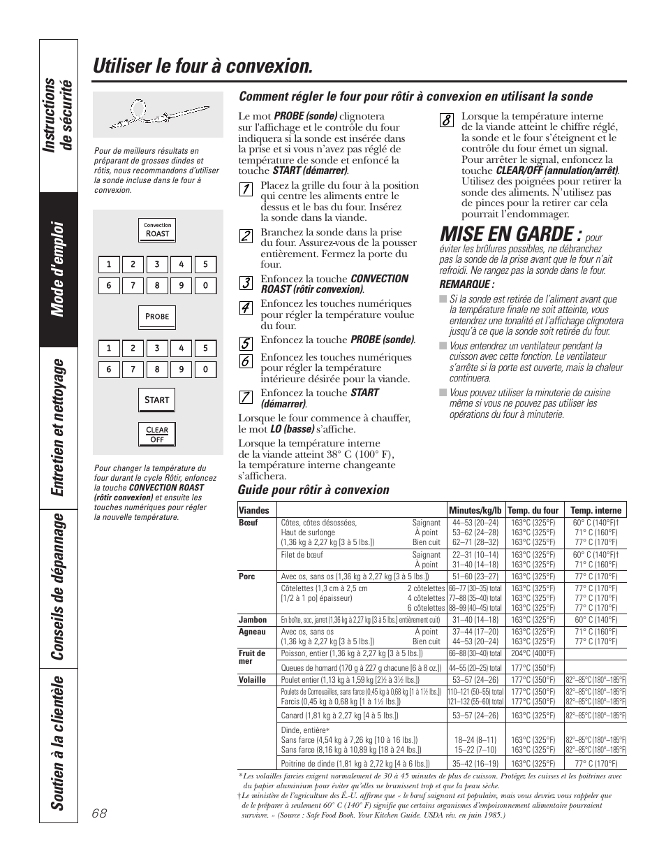 Utiliser le four à convexion, Mise en garde, Guide pour rôtir à convexion | GE P2S975 User Manual | Page 68 / 136
