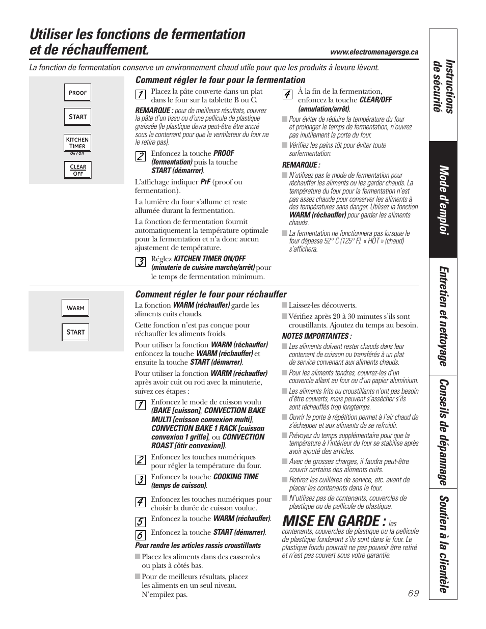 Fermentation, Réchauffer, Mise en garde | GE P2S975 User Manual | Page 69 / 136