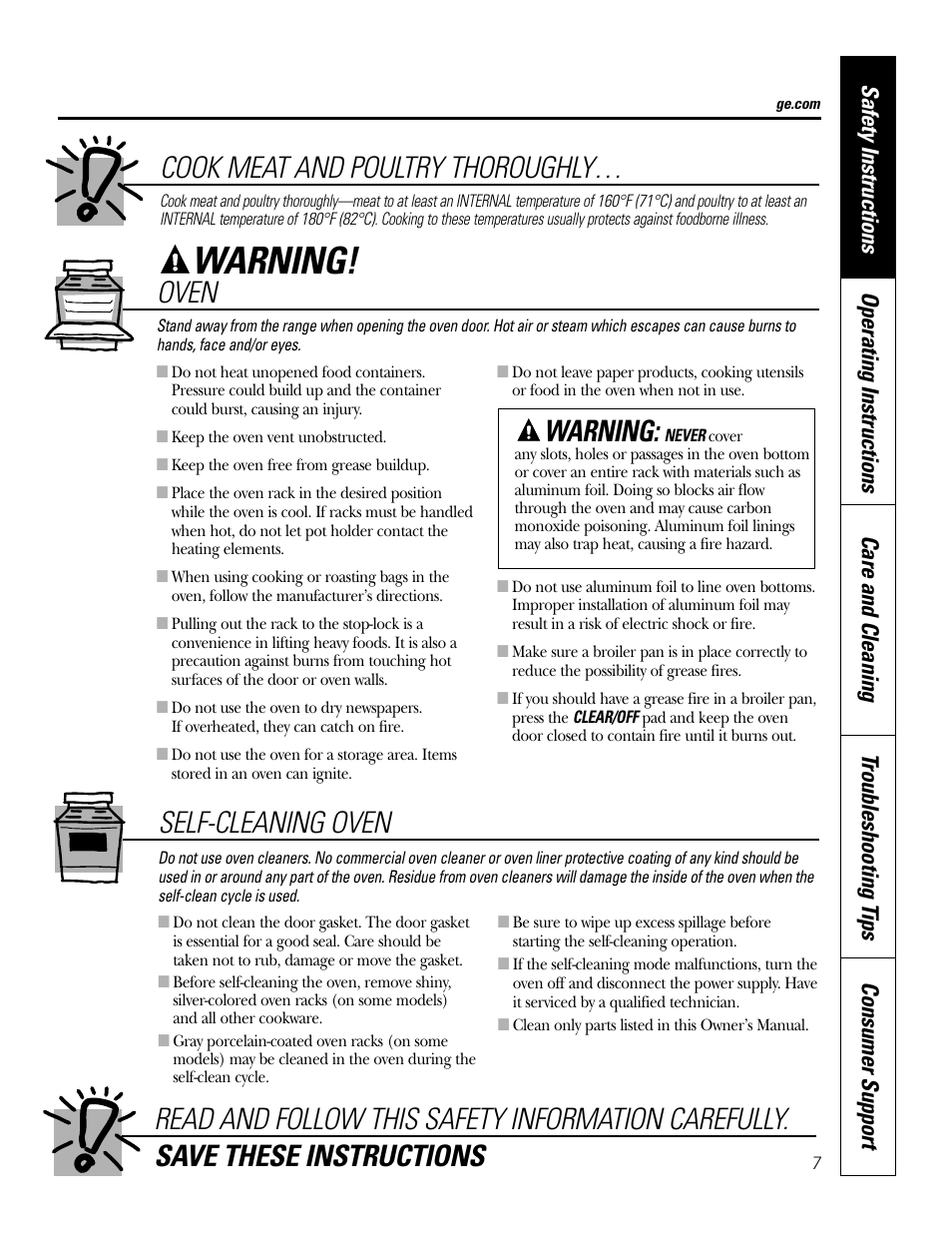 Warning, Self-cleaning oven, Oven | Cook meat and poultry thoroughly | GE P2S975 User Manual | Page 7 / 136