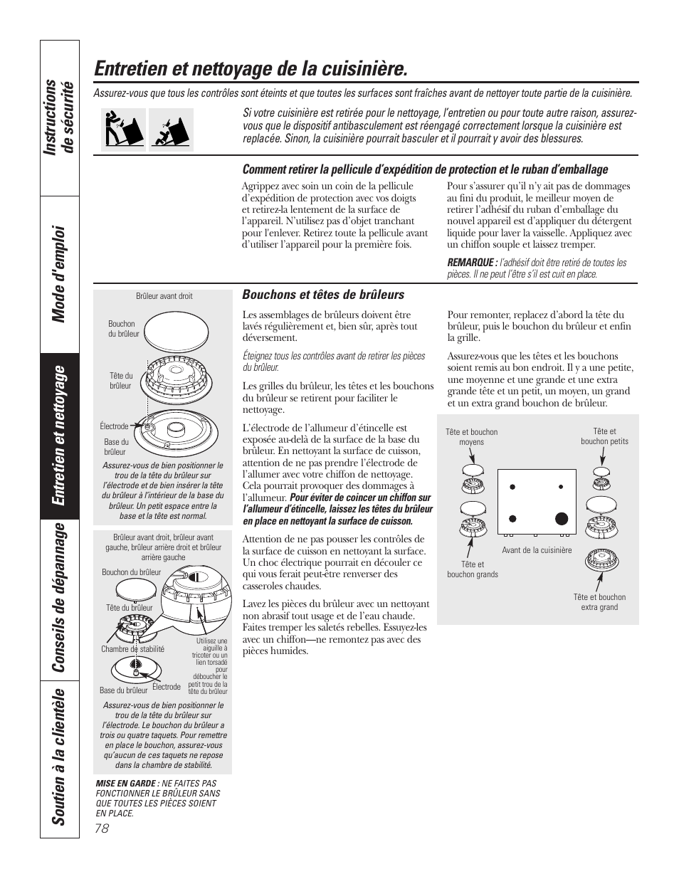 Assemblage du brûleur, Ruban d’emballage, Entretien et nettoyage de la cuisinière | Bouchons et têtes de brûleurs | GE P2S975 User Manual | Page 78 / 136
