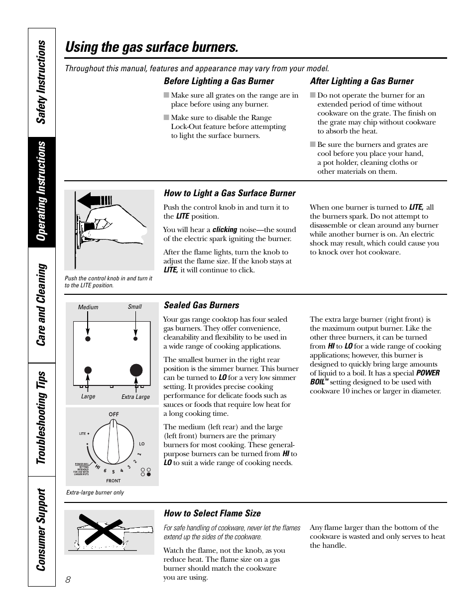 Surface burners, Surface burners , 9, Using the gas surface burners | GE P2S975 User Manual | Page 8 / 136