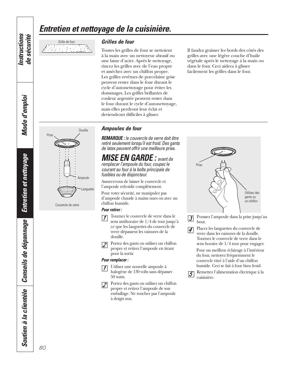 Ampoules, Entretien et nettoyage de la cuisinière, Mise en garde | GE P2S975 User Manual | Page 80 / 136