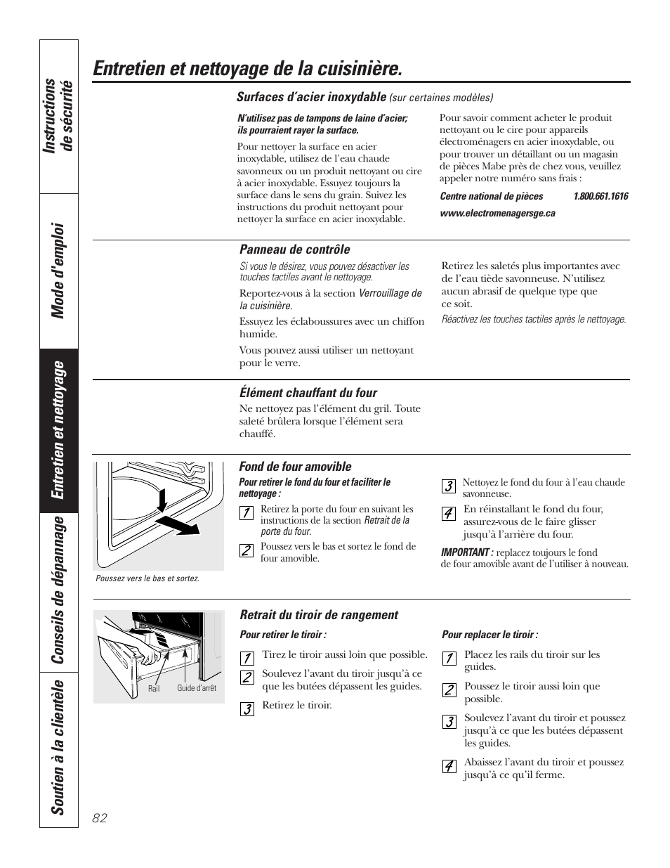 Panneau de contrôle, Plancher de four, Surfaces d’acier inoxydable | Tiroir de rangement, Panneau de contrôle plancher de four, Entretien et nettoyage de la cuisinière | GE P2S975 User Manual | Page 82 / 136