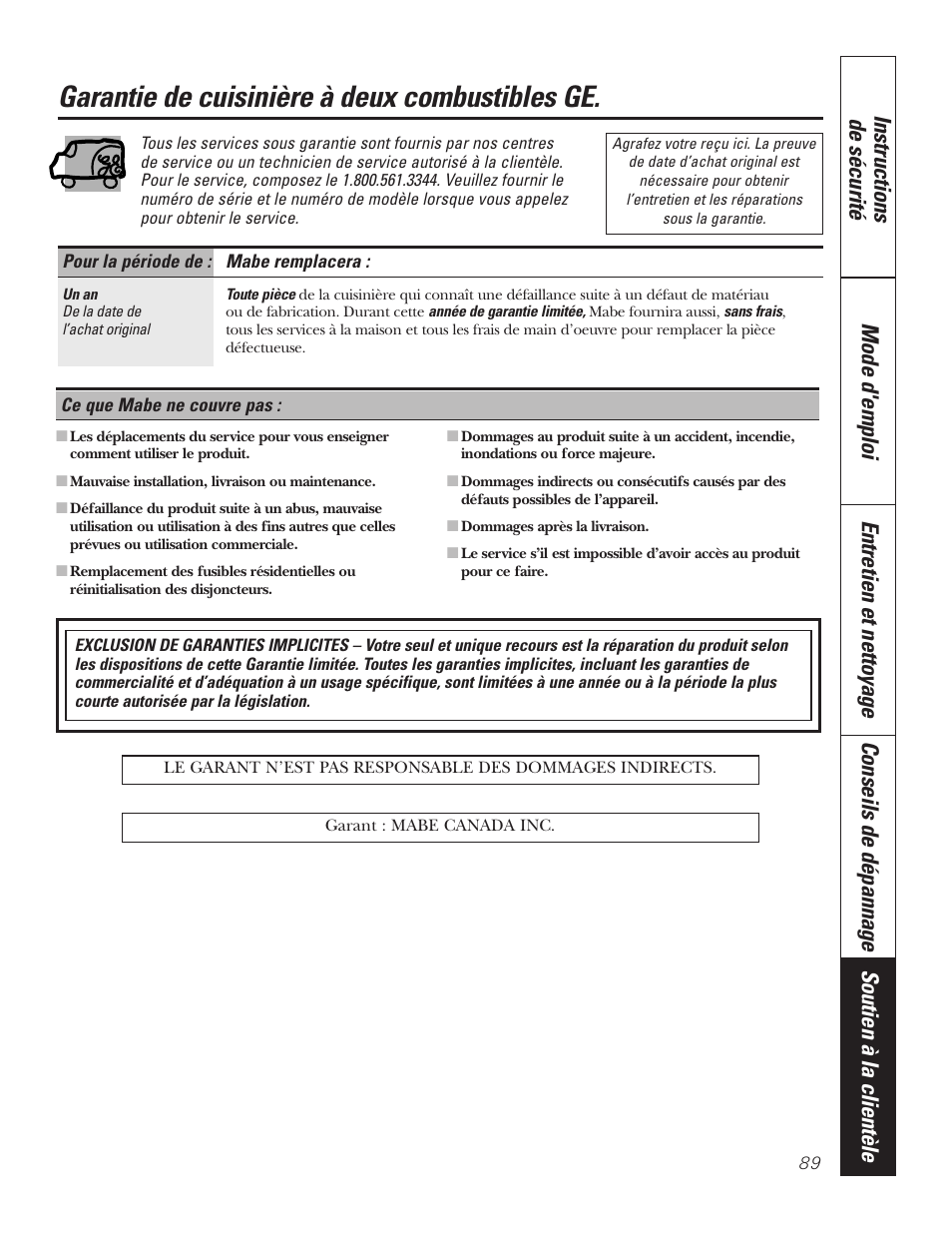 Garantie, Garantie de cuisinière à deux combustibles ge | GE P2S975 User Manual | Page 89 / 136