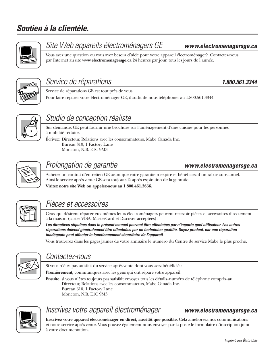 Soutien à la clientèle, Service de réparations, Studio de conception réaliste | Prolongation de garantie, Pièces et accessoires, Contactez-nous, Inscrivez votre appareil électroménager | GE P2S975 User Manual | Page 90 / 136