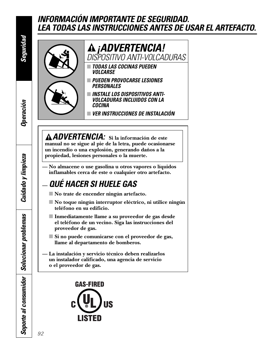 Instrucciones de seguridad, Qué hacer si huele gas, Advertencia | Dispositivo anti-volcaduras | GE P2S975 User Manual | Page 92 / 136