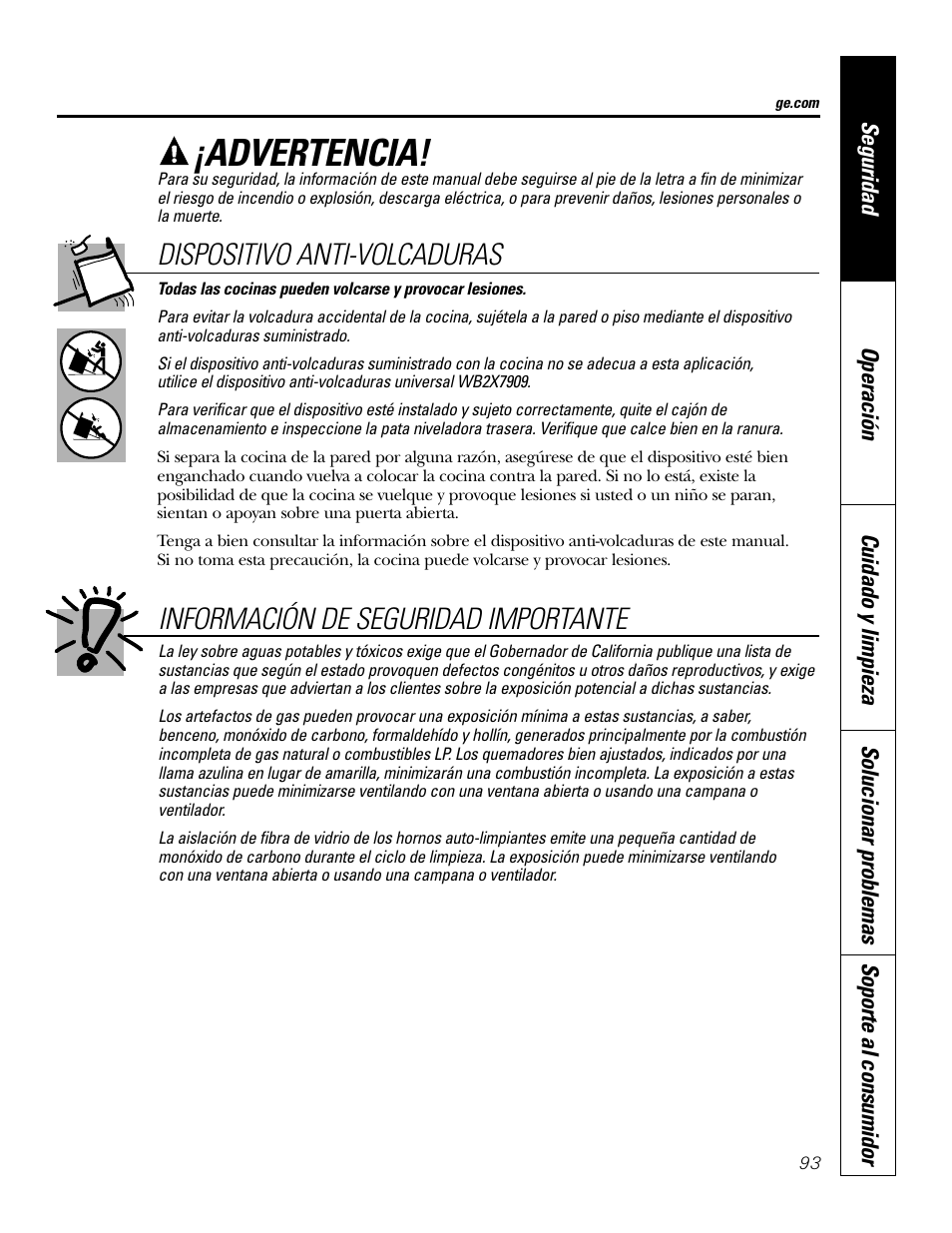 Advertencia, Información de seguridad importante, Dispositivo anti-volcaduras | GE P2S975 User Manual | Page 93 / 136