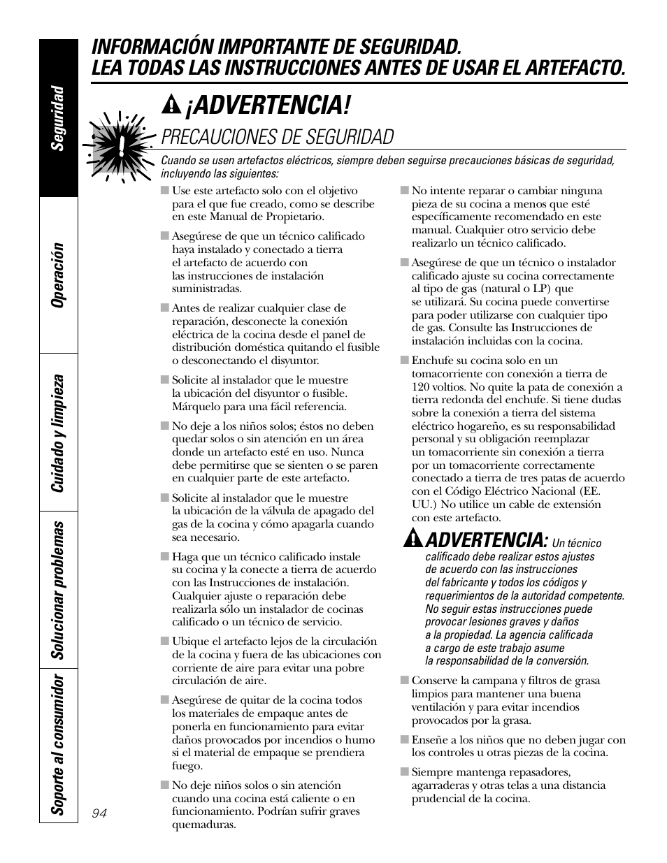 Advertencia, Precauciones de seguridad | GE P2S975 User Manual | Page 94 / 136